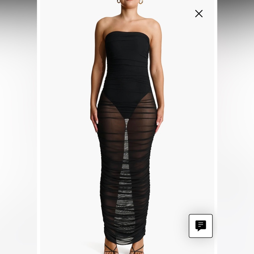 Naked wardrobe NWOT SHIRRED STRAPLESS MESH MAXI DRESS IN BLACK